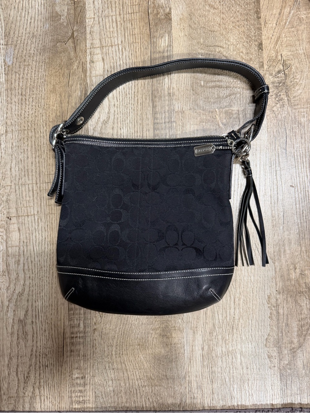Coach Black Signature Jacquard Shoulder Bag with Leather Trim and Tassel